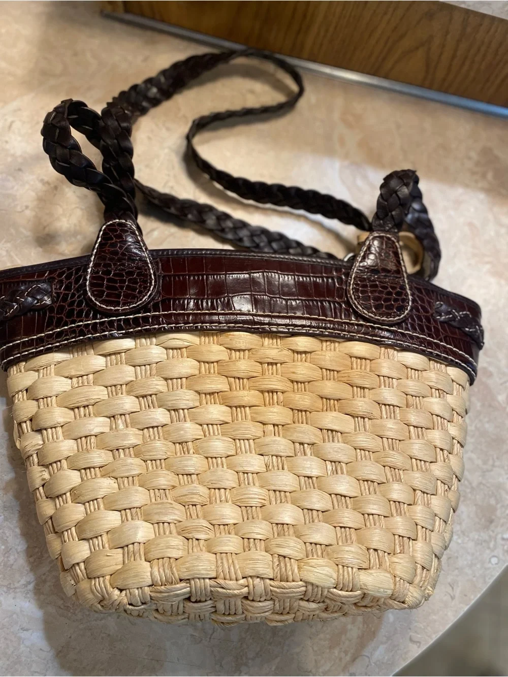 Brighton Beige Straw Tote with Dark Brown Trim and Braided Straps - Picture 4 of 8